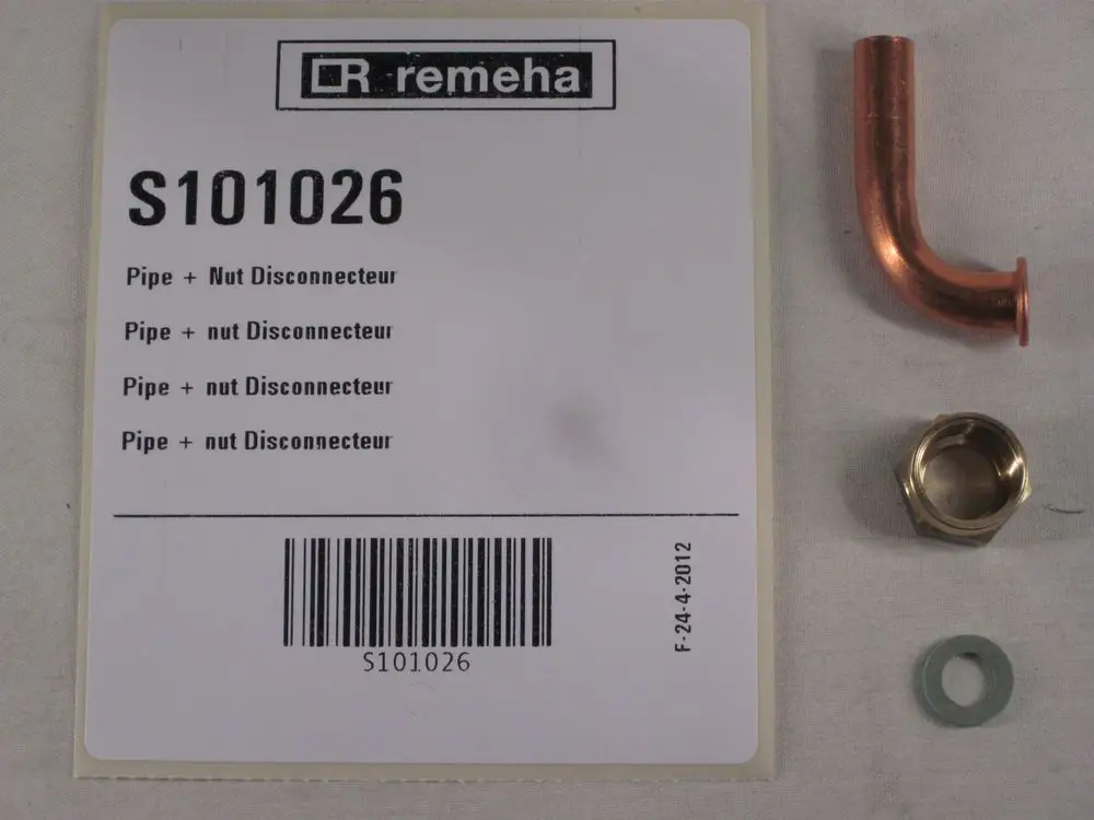 Remeha Disconnecteur mit Kupferbogen, Metallmutter und Dichtscheibe auf Produktkarte mit Artikelnummer S101026.
